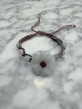 Hand-Knotted Adjustable Lavender Cord Bracelet w/ Carved White Jade Flower